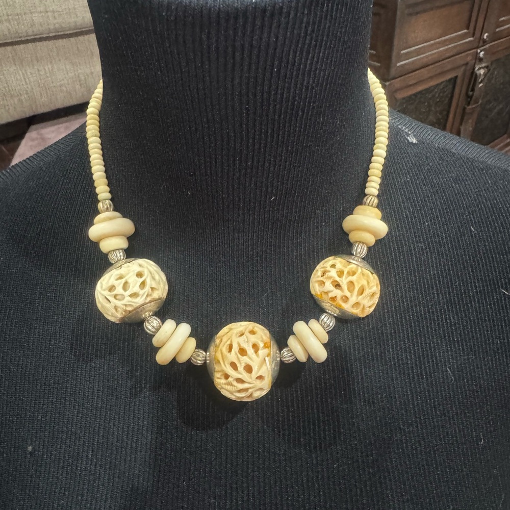 Antique Vintage Beaded Hand Carved Bone Necklace with Carved Accents